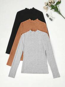 SHEIN LUNE 3pcs Cổ giả Đồ đan Ribbed Áo thun - Nhiều màu - Xem 2