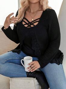 Calvaya Plus Contrast Lace Crisscross Front Tee - Black - View 5