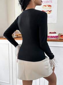 SHEIN Privé Của phụ nữ Tay áo lưới Cổ tay áo Lông cừu Áo thun - màu đen - Xem 6