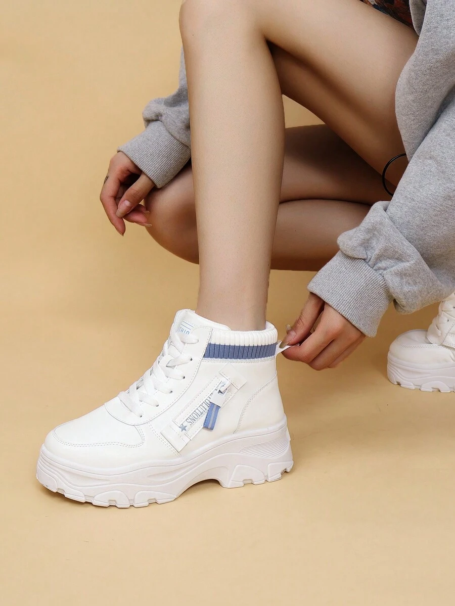 秋冬厚底增高靴時尚休閒白色女運動鞋百搭短靴及踝靴 - 白色 - 查看 1