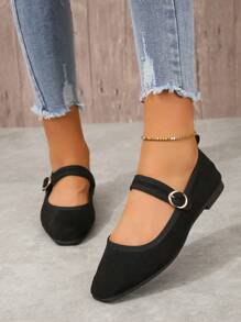 女士方頭天鵝絨芭蕾平底鞋,帶後跟,輕巧,法式芭蕾舞鞋適用於春秋季 - 黑色 - 查看 1