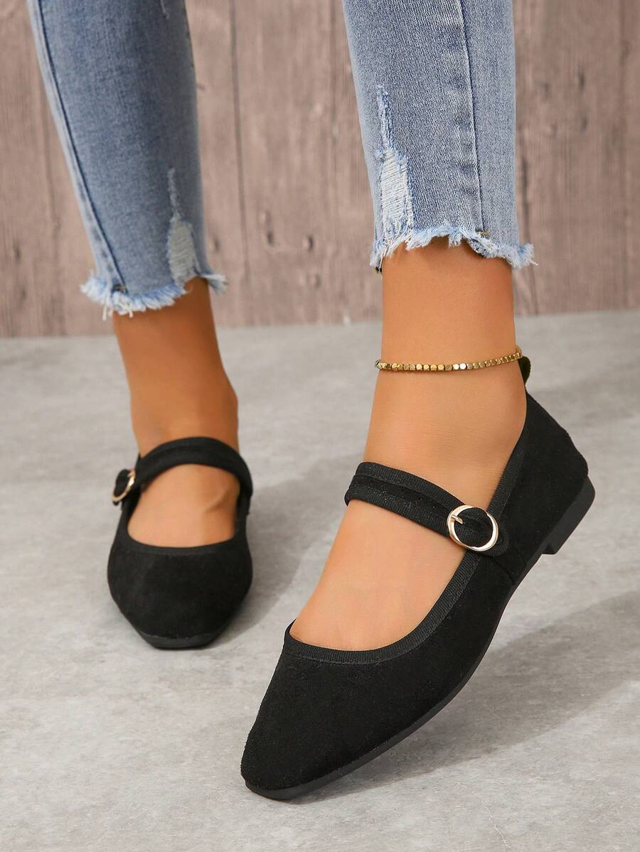 女士方頭天鵝絨芭蕾平底鞋,帶後跟,輕巧,法式芭蕾舞鞋適用於春秋季 - 黑色 - 查看 1