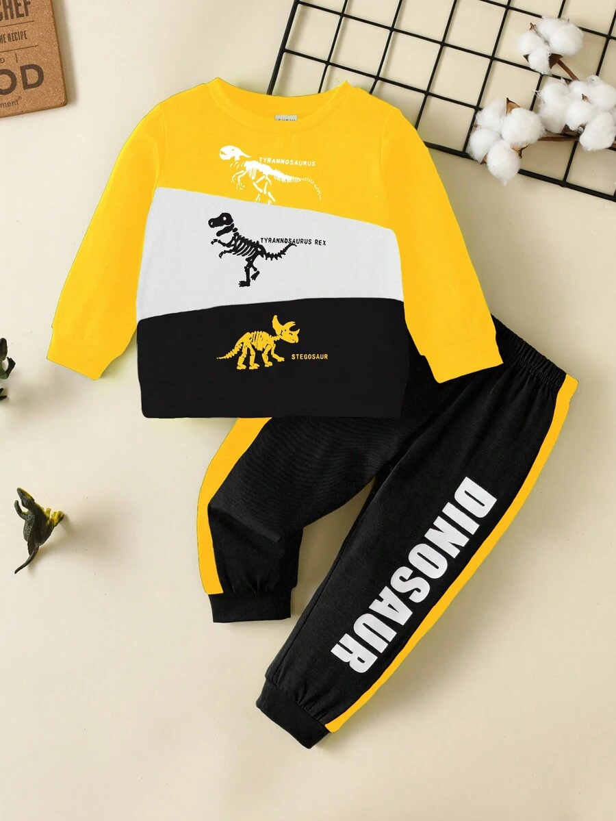 Baby Boy Dinosaur Print Colorblock Sweatshirt & Sweatpants - Yellow - View 1