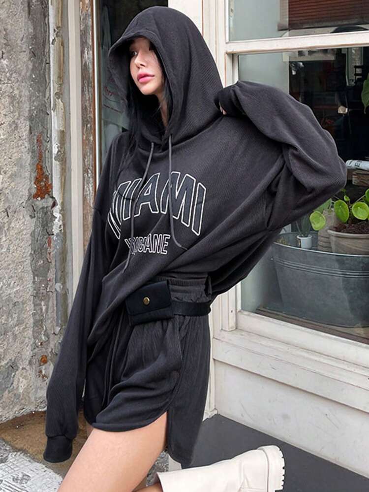 Letter Graphic Drop Shoulder Drawstring Hoodie,Fall Clothes Sweatshirt