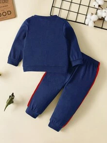 嬰兒男孩拼色恐龍圖案運動衫和長款長褲,合適的適用於戶外玩在秋季和冬天 - 藏蓝色 - 查看 2