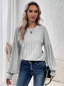 SHEIN LUNE 素色圓領燈籠袖T恤 - 灰色 - 查看 5