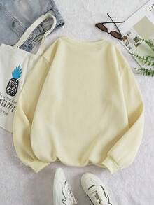 SHEIN EZwear 女用蝴蝶花朵印花抓絨運動衫 - 杏色 - 查看 2