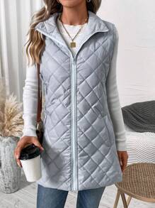SHEIN Clasi Dây kéo áo có mũ Áo khoác vest quilted - Màu Xám nhạt - Xem 5