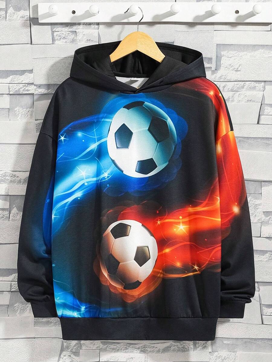 SHEIN Áo nỉ tay rớt vai in hình bóng đá cho bé trai tuổi teen - màu đen - Xem 1