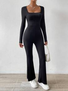 Chiquease 純色方領長袖全身緊身連身衣 - 黑色 - 查看 6