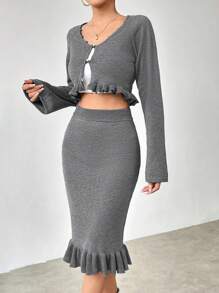 SHEIN Clasi Women Sweater Co-ords Ruffle Hem Rib-Knit Tombol Depan Plain Casual - Grey - View 3