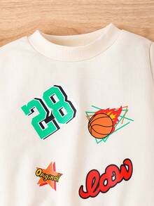 SHEIN 年轻女孩休闲复古街头时尚前卫运动风圆领长袖字母印花运动衫和打底裤两件套 - 杏色 - 查看 3