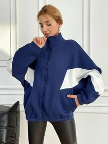EURMUSE Ladies' Contrast Color Zipper Hoodie - Navy Blue - View 3