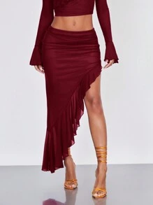 SHEIN BAE Ruched Asymmetrical Ruffle Hem Skirt - Burgundy - View 3