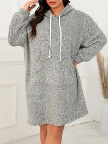 SHEIN LUNE 大碼女性連帽搖粒絨抽繩洋裝 - 彩色 - 查看 4