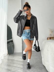 SHEIN EZwear 落肩拉鍊pu皮外套 - 深灰色 - 查看 3
