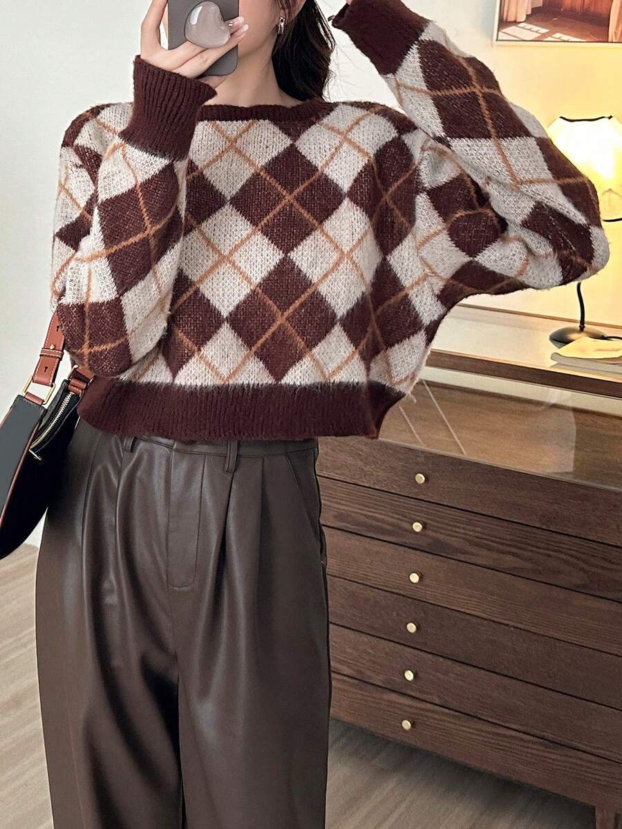 JIANHU 春季新款复古格子毛衣，宽松露肩休闲设计，柔软舒适百搭针织上衣，时尚修身优雅女装 - 紫紅色 - 查看 1