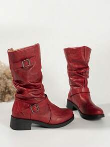 Fashionable Ladies' Wrinkled Leather Mid-calf Boots 2023 New Black Wrinkled Leather Buckle Mid-calf Boots - Burgundy - View 2