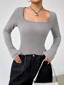 SHEIN Unity Women's Square Neck Bodysuit - Dark Grey - View 3