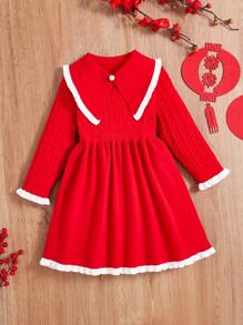SHEIN Young Girl Contrast Trim Statement Collar Flounce Sleeve Sweater Dress - Red - View 6