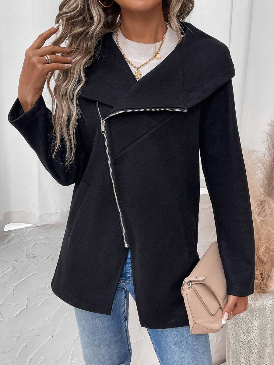 SHEIN LUNE Của phụ nữ Có khóa kéo Len Áo khoác - màu đen - Xem 1