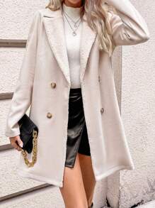 SHEIN Frenchy Women's Solid Color Double Breasted Woolen Coat - Apricot - View 5