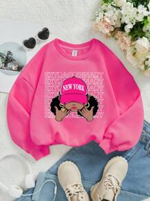 SHEIN Leap Crew Young Girl Casual Long Sleeve Cartoon & Letter Print Fleece Pullover Sweatshirt With Round Neck, Suitable For Autumn & Winter Cute Sweatshirt - Pink - View 1