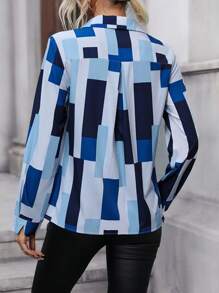 SHEIN Clasi Blusa de mujer con estampado y cuello en V, blusas de manga larga - Azul - Ver 2