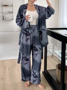 DAZY 女士漸變植物印花腰帶上衣和褲子睡衣套裝 - 深灰色 - 查看 7