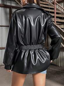 SHEIN Unity PU皮革拉鏈式前打開外套 - 黑色 - 查看 2