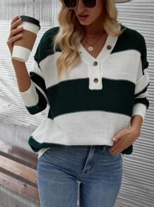 SHEIN LUNE Áo cardigan dệt kim nữ hai tông màu kẻ sọc, vai rớt, cài nửa khuy, thích hợp cho mùa thu đông. - Màu xanh lá cây đậm - Xem 5
