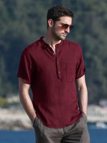 NITAGUT Áo thun polo tay ngắn màu trơn cho nam - Màu Đỏ Sâu - Xem 3