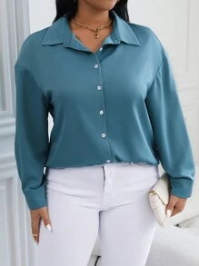SHEIN Unity Plus Solid Button Front Shirt - Cadet Blue - View 5