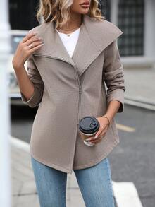 Solid Color Zipper Front Collar Woolen Jacket - Coffee Brown - View 1