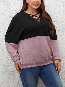 SHEIN LUNE 双色交叉前襟落肩卫衣，适合毕业季、返校季、毕业典礼、教师节等场合，女士返校套头衫，秋季卫衣 - 彩色 - 查看 3