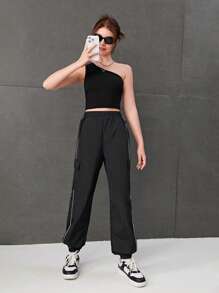 SHEIN Teen Girls' Knitted One Shoulder Top With Patchwork Straps And Pocketed Pants Set - Black - View 6