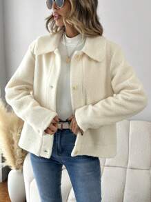 SHEIN LUNE Solid Button Front Teddy Jacket - Apricot - View 1