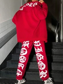 SHEIN Coolane 字母圖案落肩袖拉鍊開襟連帽衫和運動褲 - 紅色 - 查看 1