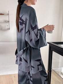 DAZY 女士漸變植物印花腰帶上衣和褲子睡衣套裝 - 深灰色 - 查看 2