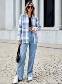 EURMUSE Plaid Pattern Drop Shoulder Coat - Light Grey - View 3