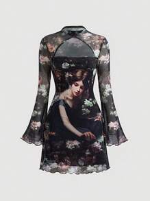 SHEIN MOD 花卉圖案&人像圖案木耳邊網紗洋裝 - 綠色 - 查看 1