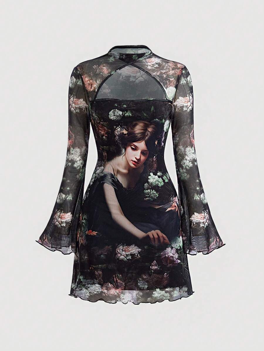 SHEIN MOD 花卉圖案&人像圖案木耳邊網紗洋裝 - 綠色 - 查看 1