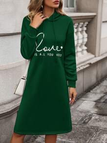 SHEIN LUNE Women's Hooded Long Sweatshirt Dress With Letter Pattern - Dark Green - View 4