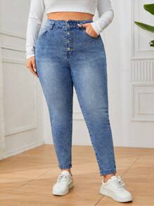 SHEIN Privé 大尺碼純色彈性緊身牛仔褲 - 藍色 - 查看 1