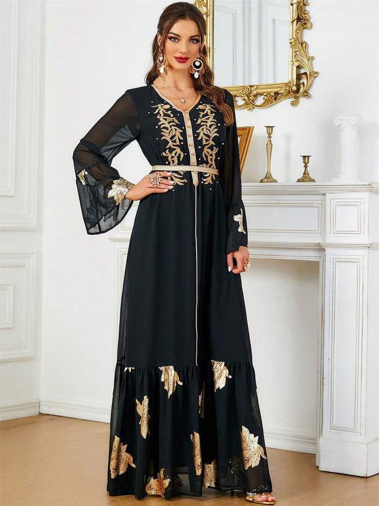 SISKAKIA Gold Leaf Pattern Arabian Modest Long Sleeve Dress Kaftan
