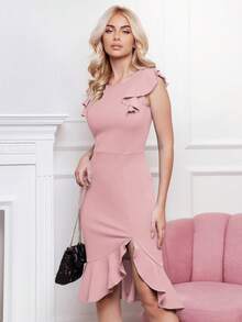 MIUSOL Classic Solid Round Neck Ruffle Sleeve Split Thigh Mermaid Hem Cocktail Party Fitted Dress - Pink - View 6