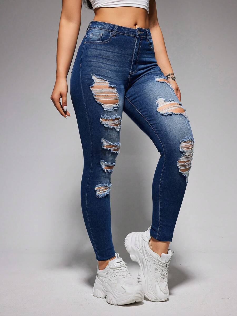 SHEIN EZwear 女性修身破洞牛仔褲 - 中等水洗藍 - 查看 1