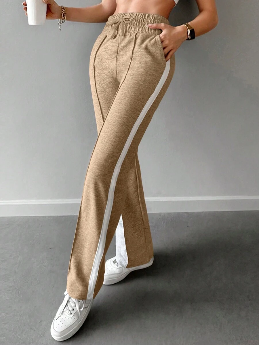 RueChic Contrast Side Seam Straight Leg Sweatpants - Khaki - View 1