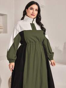 Mulvari 大尺碼拼色抽繩腰燈籠袖連身裙 - 彩色 - 查看 3