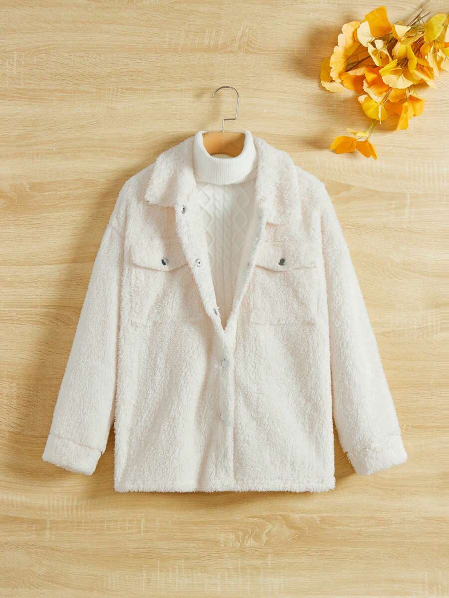 SHEIN Cô gái Lỏng lẻo Màu thuần Tính hai mặt Lông cừu Áo sơ mi Áo khoác , 1 Miếng - Màu be - Xem 1